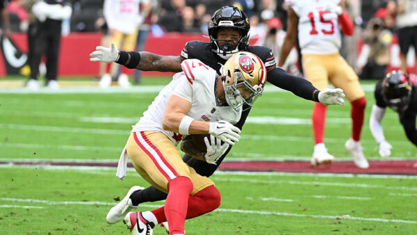GLENDALE, ARIZONA - NOVEMBER 16: Budda Baker #3 of the Arizona Cardinals tackles Ricky Pearsall #1 of the San Francisco 49ers during the first quarter at State Farm Stadium on November 16, 2025 in Glendale, Arizona. (Photo by Norm Hall/Getty Images)