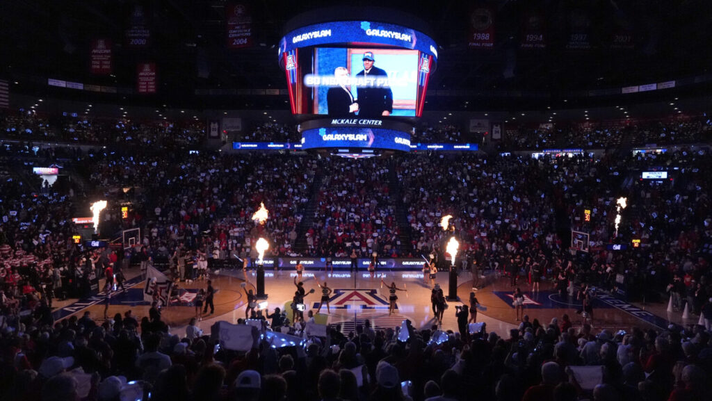 TUCSON, ARIZONA - FEBRUARY 18: Players are announced before the game between the BYU Cougars and the Arizona Wildcats at McKale Center at ALKEME Arena on February 18, 2026 in Tucson, Arizona. (Photo by Patrick Mulligan/Getty Images)