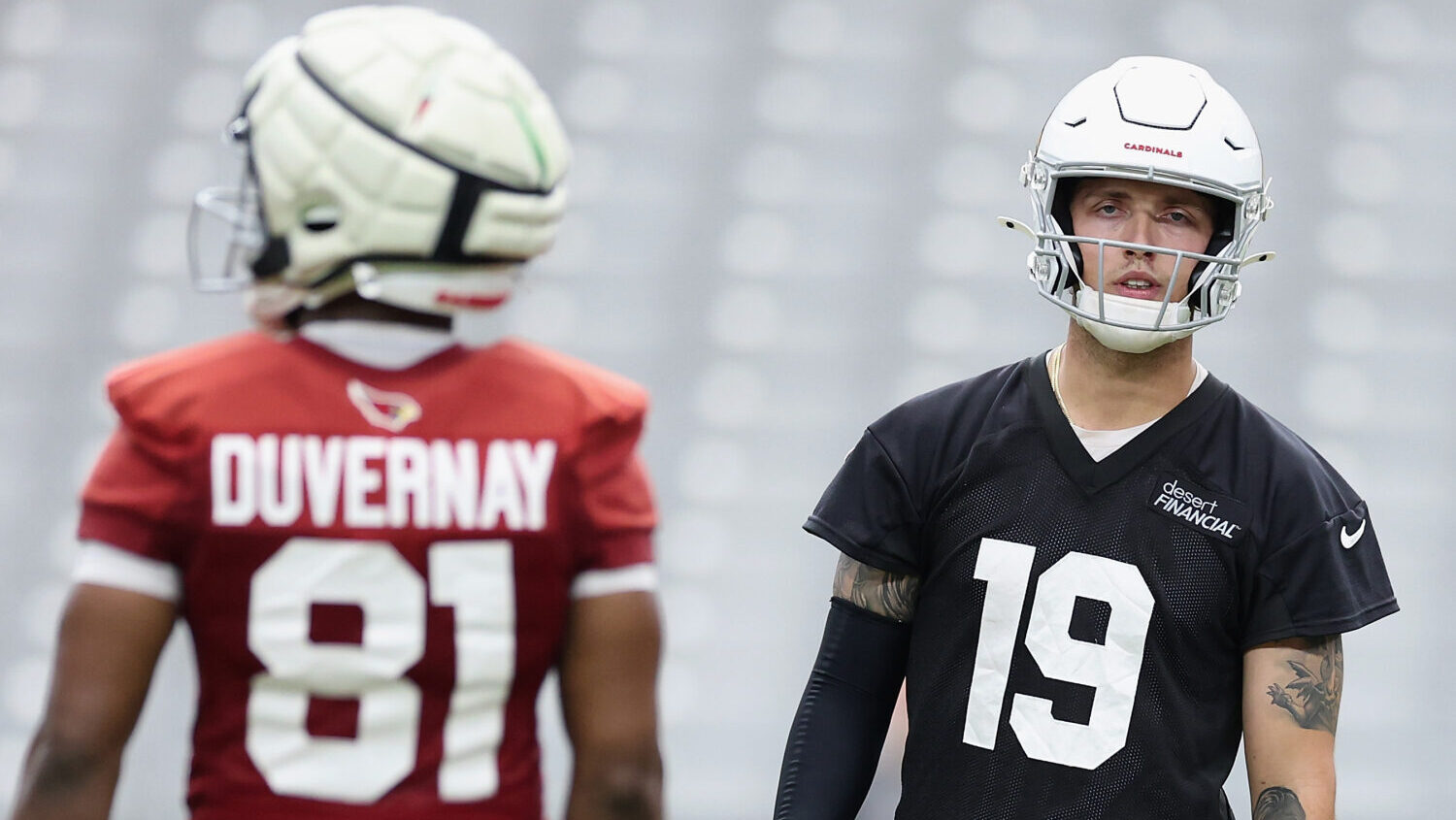 Carson Beck #19 of the Arizona Cardinals participates in a team practice ahead of the NFL season at...