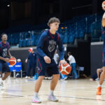 Senior Jackson Cook dribbles at practice in Vilnius. (Arizona Athletics)