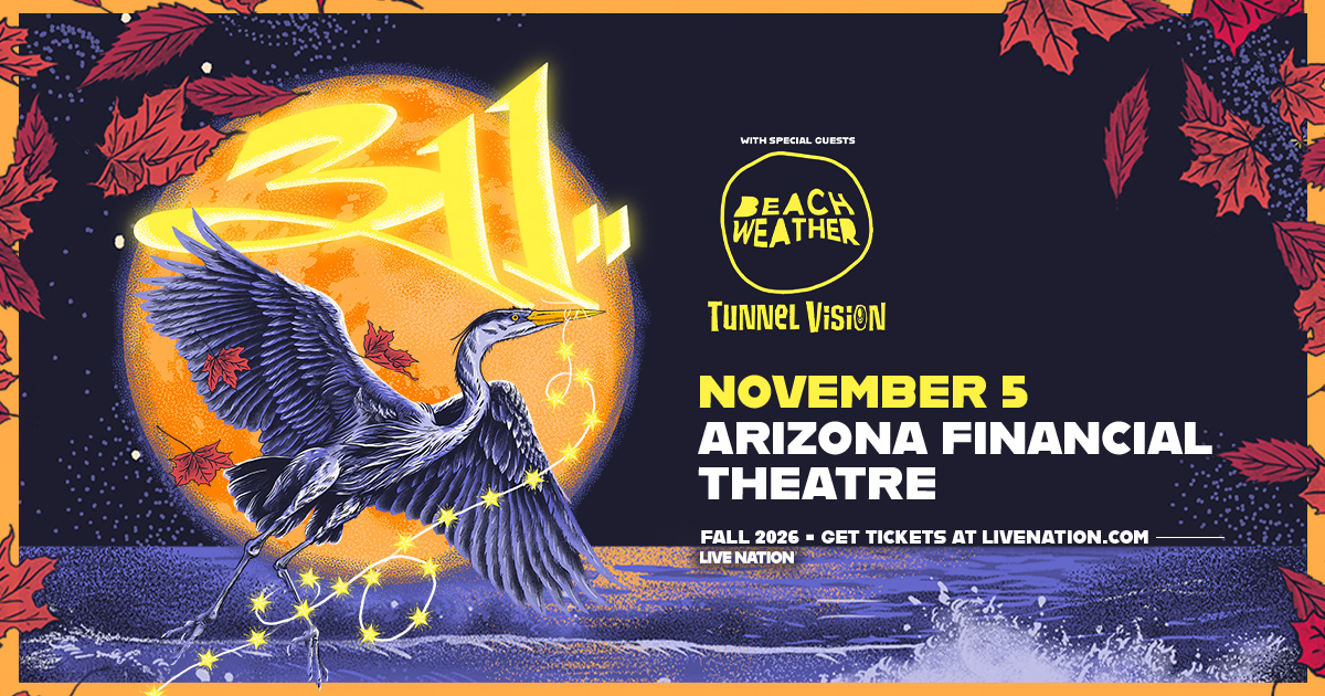 Promotional graphic for 311 live at Arizona Financial Theatre on November 5, Fall 2026. The artwork...