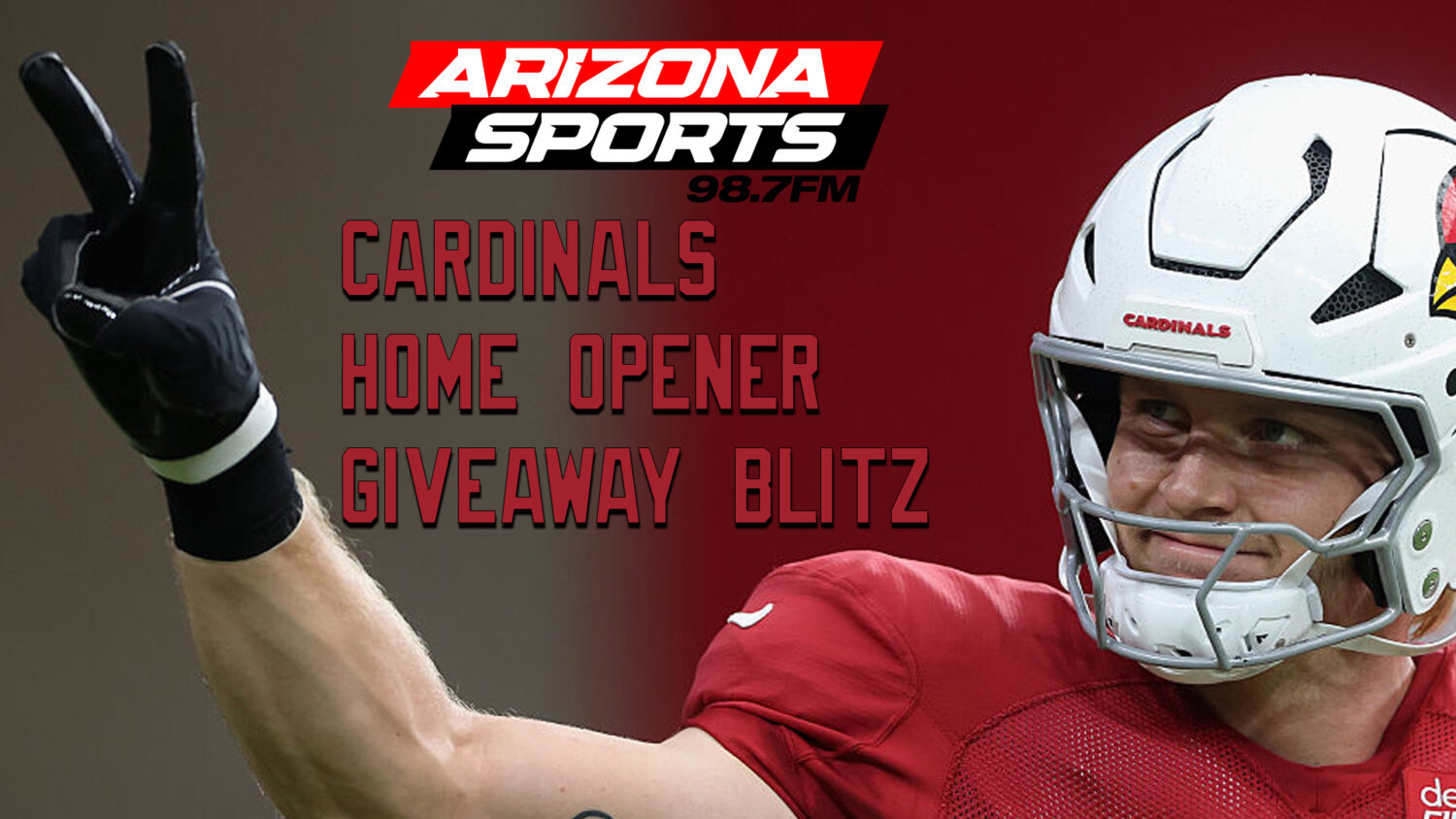 Arizona Cardinals tight end Trey McBride in a white Cardinals helmet and red jersey, raising two fi...