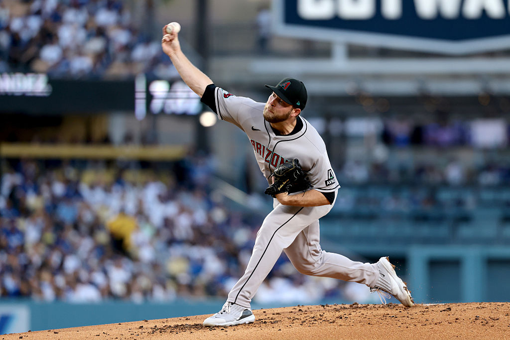 Corbin Burnes #39 of the Arizona Diamondbacks throws a pitch during the second inning against the L...