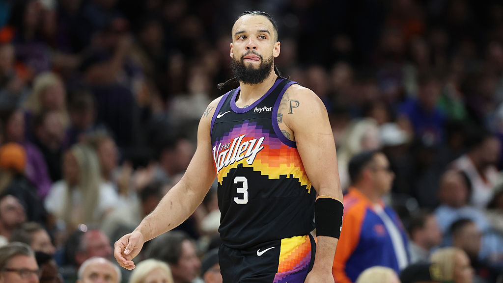Dillon Brooks #3 of the Phoenix Suns reacts during the second half of an NBA game....