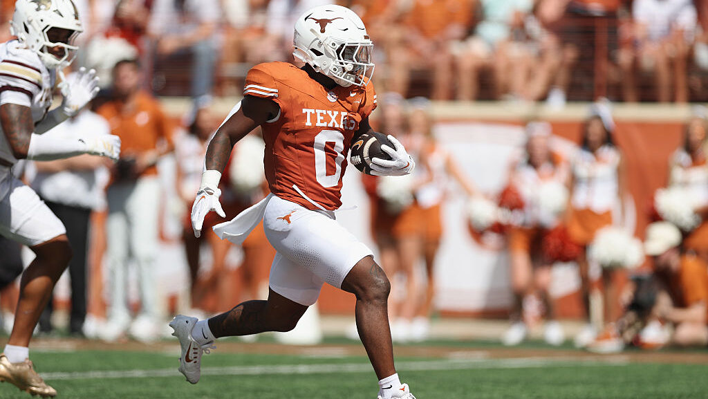 AUSTIN, TEXAS - SEPTEMBER 05: Raleek Brown #0 of the Texas Longhorns rushes for a touchdown in the ...