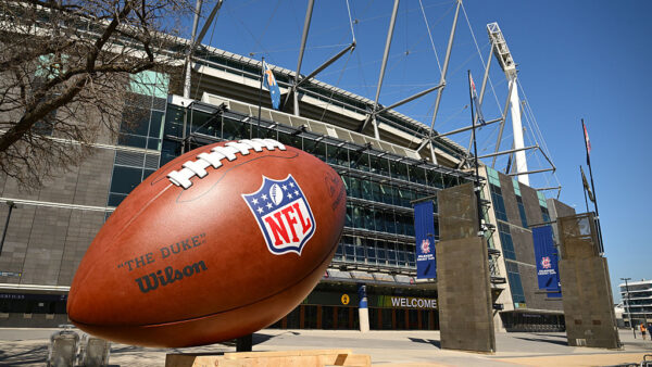 A giant NFL Football is seen outside the MCG at the Melbourne Cricket Ground on September 08, 2026 in Melbourne, Australia.