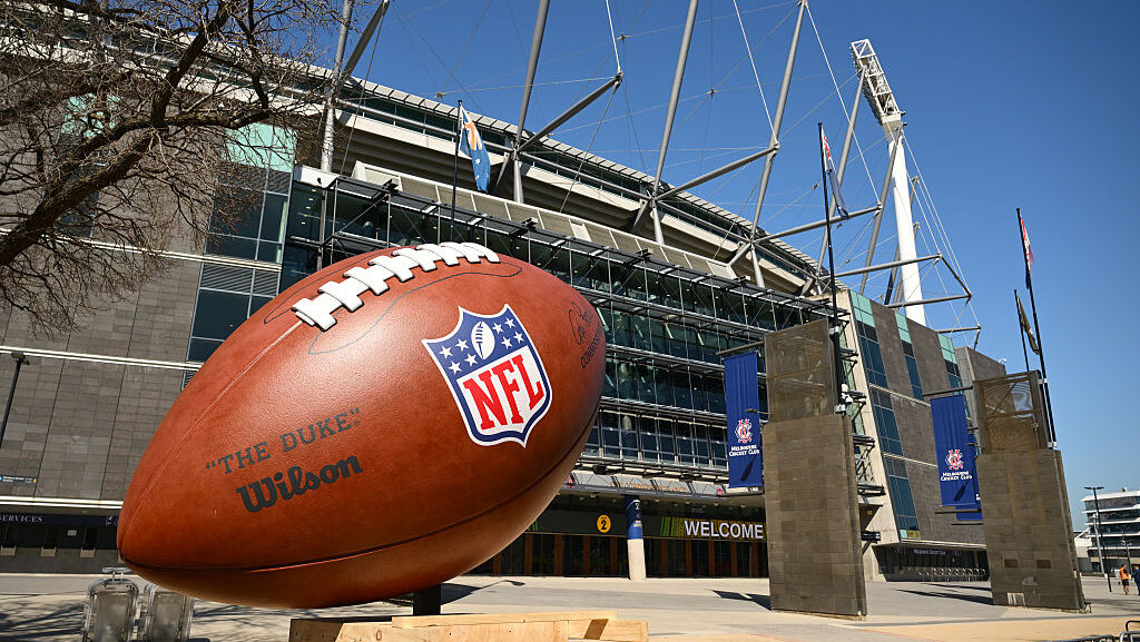 A giant NFL Football is seen outside the MCG at the Melbourne Cricket Ground on September 08, 2026 ...