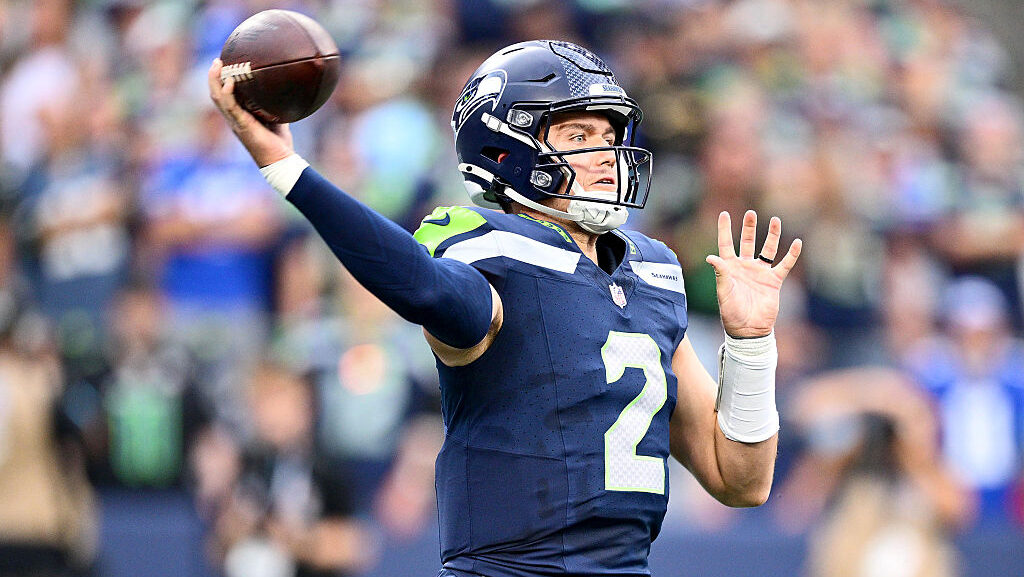 Drew Lock #2 of the Seattle Seahawks throws a pass against the New England Patriots during the seco...