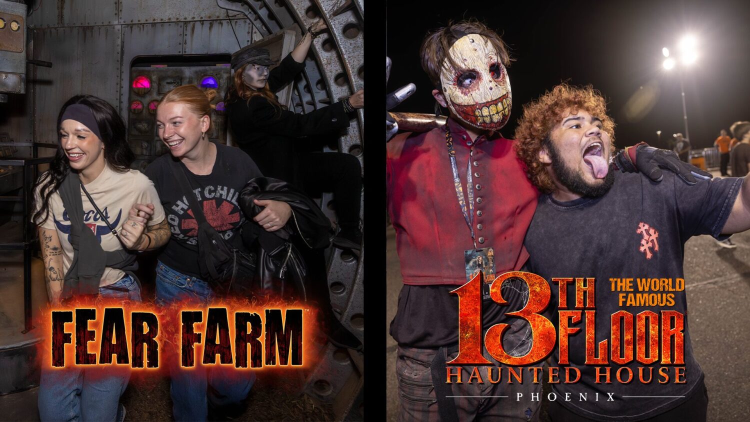 Split-screen image showing two guests laughing inside Fear Farm on the left and a guest posing with...