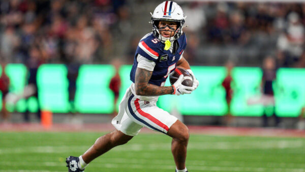 Giovanni Richardson #5 of the Arizona Wildcats runs after a reception during the first quarter against the Northern Arizona Lumberjacks at Casino Del Sol Stadium on September 05, 2026 in Tucson, Arizona. (Photo by Patrick Mulligan/Getty Images)