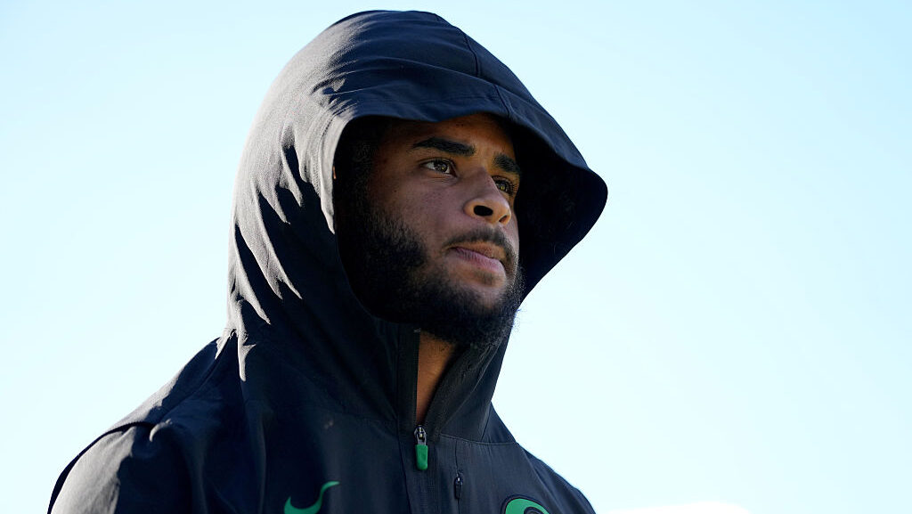 EUGENE, OREGON - SEPTEMBER 18: Dante Moore #5 of the Oregon Ducks walks onto the field prior to the...
