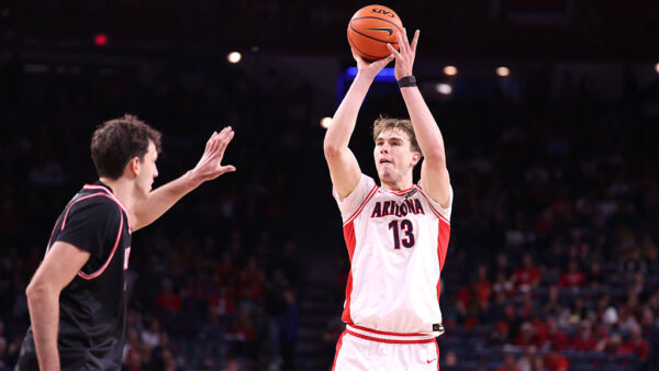 TUCSON, ARIZONA - OCTOBER 16: Motiejus Krivas #13 of the Arizona Wildcats shoots the ball during the first half of the preseason game against the San Diego State Aztecs at McKale Center at ALKEME Arena on October 16, 2026 in Tucson, Arizona. (Photo by Chris Coduto/Getty Images)