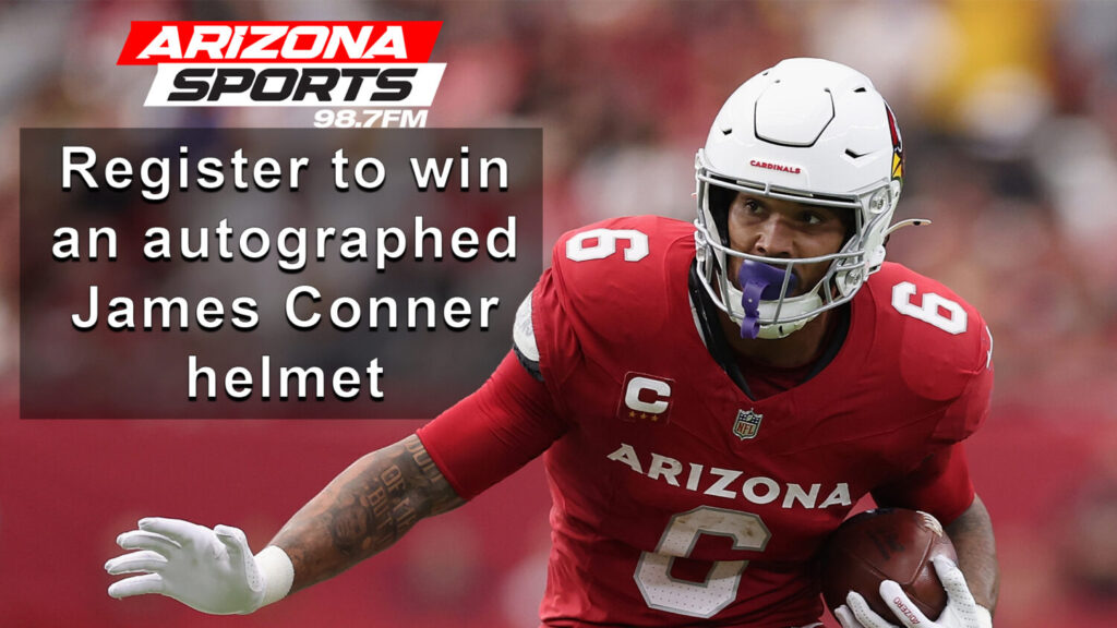 Arizona Sports 98.7 FM promotion: Register to win an autographed James Conner helmet, featuring a Cardinals player carrying a football.