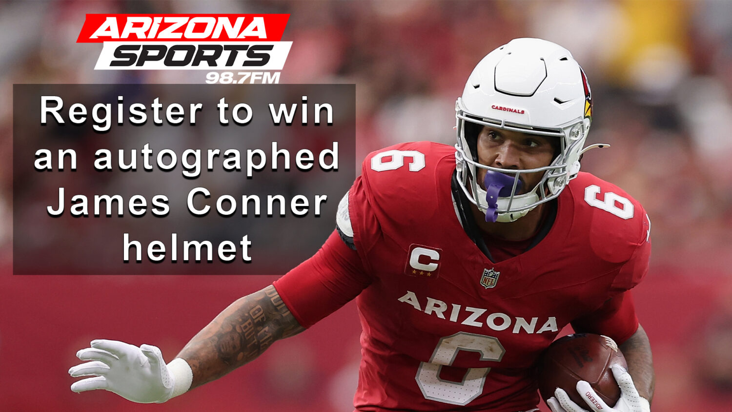 Arizona Sports 98.7 FM promotion: Register to win an autographed James Conner helmet, featuring a C...