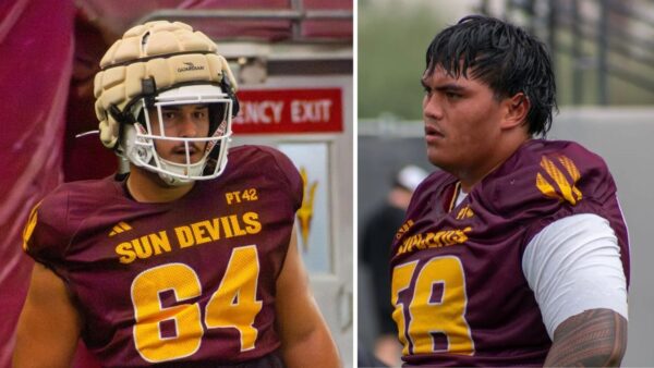 Left: ASU offensive lineman Wade Helton, Right: ASU offensive lineman Tana Alo-Tupuola (Photo by Damon Allred/Arizona Sports)