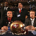 San Francisco 49ers draft representatives look on before they make their selection during first round of the NFL Draft Saturday. AP Photo/Jason DeCrow