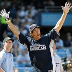All Star Legend Paul O'Neill reacts after hitting a solo home run in the bottom of the first inning of the All Star Legends & Celebrity softball game at Yankee Stadium in New York, Sunday.
