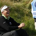 Colin Montgomerie of Scotland laughs as he sits besides the 6th green during practice for the British Open Golf championship, at the Royal Birkdale golf course, Southport, England,Tuesday, July 15,2008. (AP Photo/Jon Super)