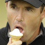 Padraig Harrington of Ireland eats ice cream during practice for the British Open Golf championship, at the Royal Birkdale golf course, Southport, England, Wednesday, July 16, 2008. (AP Photo/Matt Dunham)