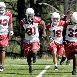 Arizona Cardinals' Brandon Keith (72), Anquan Boldin (81), Lance Long (19), and Edgerrin James (32) participate in running drills during the first day of their NFL football training camp Friday, July 25, 2008 in Flagstaff, Ariz. (AP Photo/Matt York)