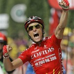 Sylvain Chavanel of France reacts as he crosses the finish line to win the 19th stage of the Tour de France cycling race between Roanne and Montlucon, central France, Friday.