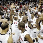 Players on the U.S. men's basketball team wave to the crowd following a 120-65 win over Canada in an exhibition game in Las Vegas, Friday, July 25, 2008. (AP Photo/Louie Traub)
