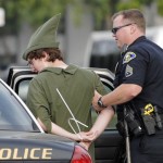 A police officer with the Anaheim Police Department arrests a demonstrator dressed as Peter Pan during a protest against Disney's treatment of hotel workers outside of Disneyland in Anaheim, Calif., on Thursday, Aug. 14, 2008. (AP Photo/Carlos Delgado)