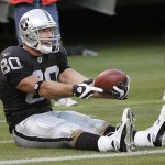 Oakland Raiders tight end Zach Miller (80) reacts after he was called for falling out-of-bounds from the end zone after catching a pass from quarterback JaMarcus Russell against the Arizona Cardinals in the second quarter of their preseason football game in Oakland, Calif., Saturday, Aug. 23, 2008. (AP Photo/Paul Sakuma)