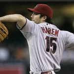 Arizona Diamondbacks starter Dan Haren pitches against the San Diego Padres in the first inning of a baseball game Monday, Aug. 25, 2008, in San Diego. (AP Photo/Lenny Ignelzi)