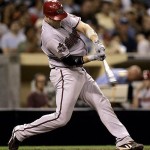 Arizona Diamondbacks' Chris Synder connects for a two-run single against the San Diego Padres in the fourth inning of a baseball game on Monday, Aug. 25, 2008 in San Diego. (AP Photo/Lenny Ignelzi)