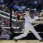 San Diego Padres' Jody Gerut hits an RBI single against the Arizona Diamondbacks in the eighth inning of the Padres' 5-4 victory in a baseball game, Wednesday, Aug. 27, 2008 in San Diego. (AP Photo/Lenny Ignelzi)