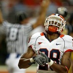 Illinois defensive back Dere Hicks reacts after Missouri wide receiver Tommy Saunders scored on a 4-yard touchdown catch during the third quarter of a college football game Saturday, Aug. 30, 2008, in St. Louis. (AP Photo/Tom Gannam)