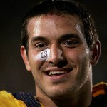 California quarterback Kevin Riley smiles at the end of a 38-31 win over Michigan State in a college football game in Berkeley, Calif., Saturday, Aug. 30, 2008. (AP Photo/Marcio Jose Sanchez)