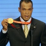 Brian Clay, gold medalist in the decathlon at the 2008 Olympics, speaks at the Republican National Convention in St. Paul, Minn., Thursday, Sept. 4, 2008. (AP Photo/Ron Edmonds)