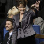 Republican vice presidential nominee Sarah Palin acknowledges the crowed at the Republican National Convention in St. Paul, Minn., Thursday, Sept. 4, 2008. (AP Photo/Paul Sancya)
