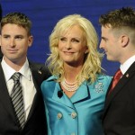 Cindy McCain, wife of Republican presidential candidate John McCain, takes the stage with her family, including sons, Jack, right, and Jimmy, left, during the Republican National Convention in St. Paul, Minn., Thursday, Sept. 4, 2008. (AP Photo/Susan Walsh)