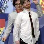 Actors Clark Duke and Seth Green pose backstage at the 2008 MTV Video Music Awards held at Paramount Pictures Studio Lot on Sunday, Sept. 7, 2008, in Los Angeles. (AP Photo/Chris Pizzello)
