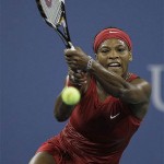 Serena Williams, of the United States, backhands to Serena Williams, of the United States, during the women's finals championship match at the U.S. Open tennis tournament in New York, Sunday, Sept. 7, 2008. (AP Photo/Julie Jacobson)