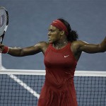 Serena Williams, of the United States, reacts after winning a game against Jelena Jankovic, of Serbia, during the women's finals championship match at the U.S. Open tennis tournament in New York, Sunday, Sept. 7, 2008. (AP Photo/Charles Krupa)