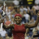 Serena Williams, of the United States, reacts after winning a game against Jelena Jankovic, of Serbia, during the women's finals championship match at the U.S. Open tennis tournament in New York, Sunday, Sept. 7, 2008. (AP Photo/Elise Amendola)