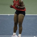 Serena Williams, of the United States, celebrates after defeating Jelena Jankovic, of Serbia, in two sets to win the women's finals championship match at the U.S. Open tennis tournament in New York, Sunday, Sept. 7, 2008. (AP Photo/Julie Jacobson)