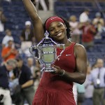 Serena Williams, of the United States, poses with her championship trophy after defeating Jelena Jankovic, of Serbia, to win the women's finals championship match at the U.S. Open tennis tournament in New York, Sunday, Sept. 7, 2008. (AP Photo/Julie Jacobson)
