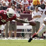 Arizona Cardinals' Adrian Wilson goes for the pass intended for Washington Redskins' Santana Moss during the first half of an NFL football game in Landover, Md., Sunday, Sept. 21, 2008. The pass was incomplete. (AP Photo/Lawrence Jackson)