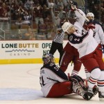 Columbus Blue Jackets' Kris Russell (2) trips over teammate Pascal Leclaire, left, after Leclaire gives up a goal to Phoenix Coyotes' Keith Yandle in the second period of an NHL hockey game Saturday, Oct. 11, 2008, in Glendale, Ariz. (AP Photo/Ross D. Franklin)