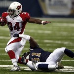 Arizona Cardinals running back Tim Hightower (34) struggles for yardage as he is pulled down by St. Louis Rams linebacker Will Witherspoon during the second quarter of an NFL football game Sunday, Nov. 2, 2008, in St. Louis. Hightower had 109 yards on 22 carries in the Cardinals' 34-13 victory. (AP Photo/Tom Gannam)