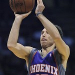 Phoenix Suns' Steve Nash shoots during the third quarter of an NBA basketball game against the New Jersey Nets on Tuesday night, Nov. 4, 2008, in East Rutherford, N.J. The Suns beat the Nets 114-86. (AP Photo/Bill Kostroun)