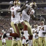 San Francisco 49ers' Josh Morgan (84) and Bryant Johnson, right, celebrate Morgan's touchdown against the Arizona Cardinals during the second quarter of an NFL football game Monday, Nov. 10, 2008, in Glendale, Ariz. (AP Photo/Paul Connors)