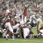 The San Francisco 49ers are stopped by the Arizona Cardinals defensive line during final play of an NFL football game Monday, Nov. 10, 2008 in Glendale, Ariz. The Cardinals won 29-24.(AP Photo/Paul Connors)
