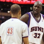 Phoenix Suns center Shaquille O'Neal, right, complains after he was called for a technical foul by referee Dan Crawford, left, in the third quarter of an NBA basketball game against the Portland Trail Blazers on Saturday, Nov. 22, 2008, in Phoenix. (AP Photo/Paul Connors)