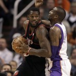 Portland Trail Blazers center Greg Oden, left, battles Phoenix Suns center Amare Stoudemire for position in the second quarter of an NBA basketball game Saturday, Nov. 22, 2008, in Phoenix. (AP Photo/Paul Connors)